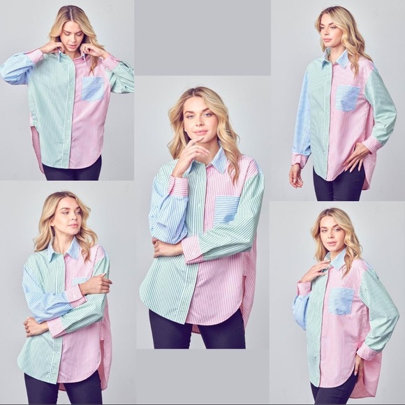 FORE COLLECTION SUMMER COLORBLOCK PINSTRIPE CURVED HEM BUTTON UP POPLIN SHIRT - Picture 6 of 6